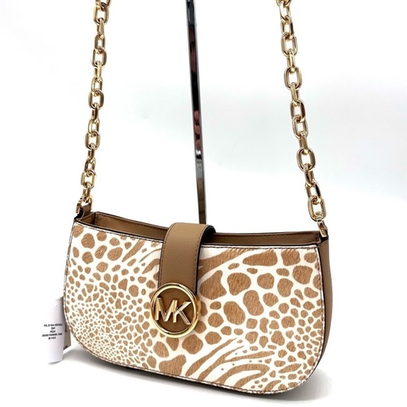 Michael Kors Carmen Small Pouchette Crossbody Bag Camel Multi - Picture 1 of 11